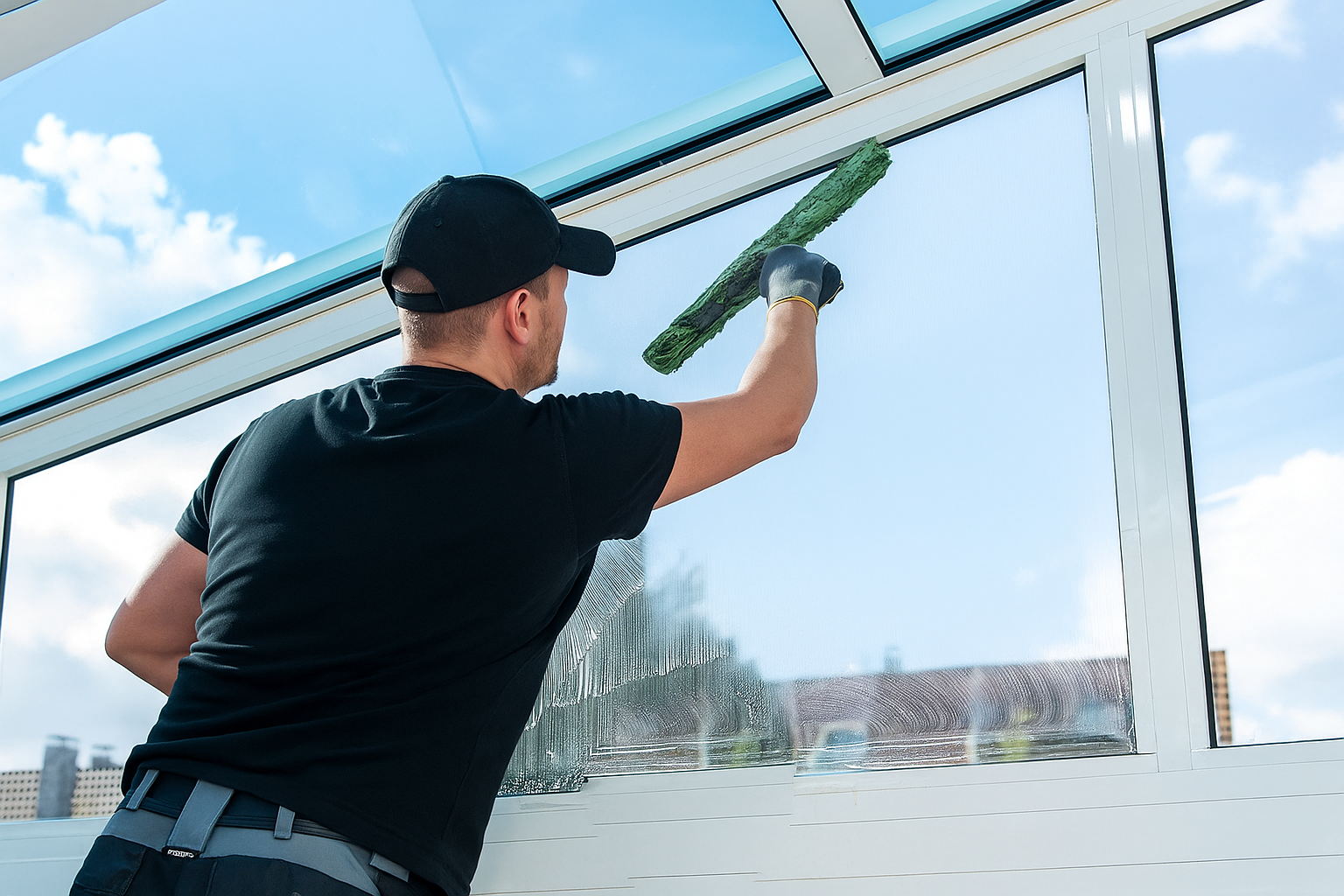 Professional window cleaner in black uniform using squeegee to clean large commercial window