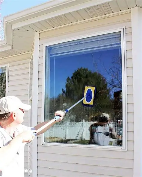 Professional window cleaner using squeegee on residential window
